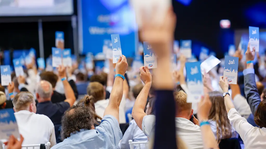 Delegierte-der-Partei-AfD-Nordrhein-Westfalen-heben-waehrend-der-Versammlung-ihre-Stimmkarten-in-die-Hoehe-Die-nordrhein-westfaelische-AfD-beginnt-mit-der-Aufstellung-der-Kandidatenliste-zur-Landtagswahl-2027