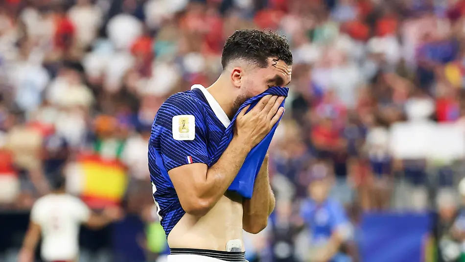 RECORD-DATE-NOT-STATED-FIFA-World-Cup-WM-Weltmeisterschaft-Fussball-2026-Semifinal-France-v-Spain-Rayan-Cherki-player-of-France-reacts-after-France-s-2-0-defeat-to-Spain-in-the-FIFA-World-Cup-semifinal-at-Dallas-Stadium-in-Texas-United-States-on-Tuesday-July-14-2026