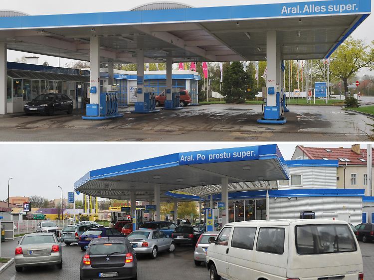 Während der Liter Diesel in Frankfurt (Oder) etwa 1,48 Euro kostet, beträgt der Liter Diesel im polnischen Nachbarort Slubice (unteres Foto) nur etwa 1,32 Euro.