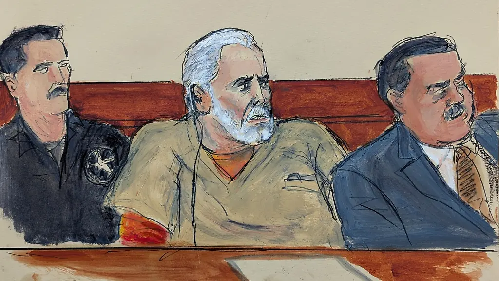 In-this-courtroom-sketch-Ismael-El-Mayo-Zambada-center-is-seated-in-court-during-his-sentencing-flanked-by-a-U-S-Marshal-left-and-his-attorney-Frank-Perez-right-in-federal-court-in-the-Brooklyn-borough-of-New-York-Monday-July-20-2026