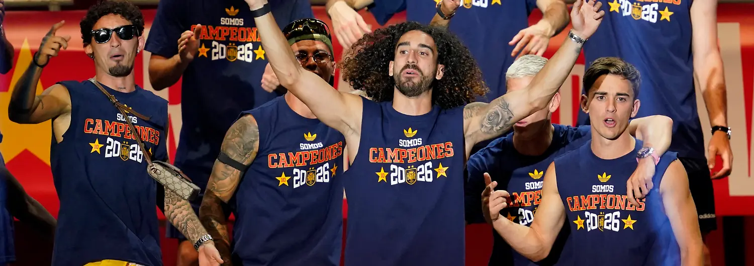 Soccer-Football-FIFA-World-Cup-2026-Spain-Victory-Parade-Madrid-Spain-July-20-2026-Spain-s-Marc-Cucurella-and-teammates-celebrate-on-the-stage-at-Cibeles-Square-in-Madrid-after-the-victory-parade-as-fans-gather-to-celebrate-winning-the-World-Cup-REUTERS-Ana-Beltran