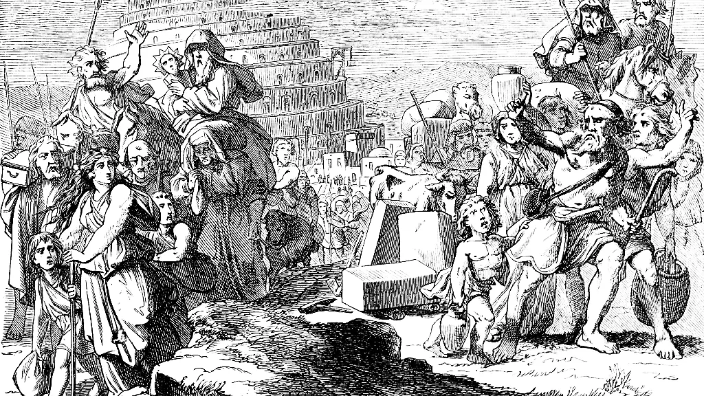 Illustration-Erste-Buch-Mose-Kapitel-11-Genesis-Turmbau-zu-Babel-Gott-vertreibt-die-Erbauer-in-alle-Laender-und-gibt-ihnen-verschiedene-Sprachen-Angst-Flucht-Vertreibung-Menschenmenge-Altes-Testament-Bibel-historische-Illustration-1877