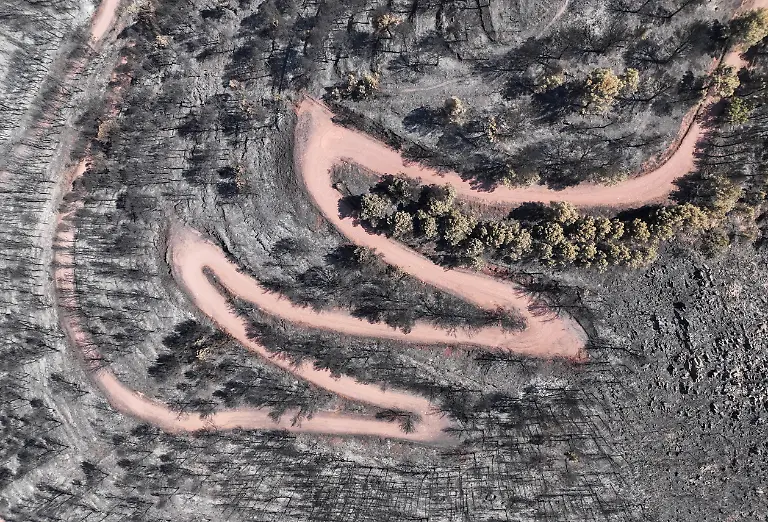 A-drone-view-shows-a-mountain-biking-trail-surrounded-by-wildfire-scorched-land-near-the-city-of-Castellon-de-la-Plana-Spain-July-28-2026