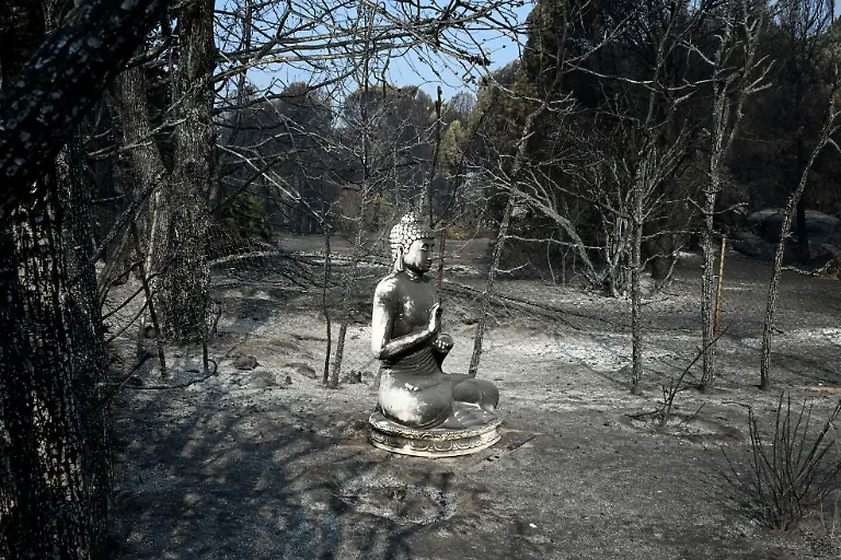 A-burnt-out-Buddah-statue-sits-on-a-scorched-garden-following-a-wildfire-in-Pelayos-de-la-Presa-65-kilometres-south-west-of-Madrid-on-July-28-2026-Firefighters-in-Spain-made-progress-after-a-positive-night-against-wildfires-raging-west-of-Madrid-that-have-forced-the-evacuation-of-tens-of-thousands-of-people-Interior-Minister-Fernando-Grande-Marlaska-said-today-Spain-s-government-declared-a-national-emergency-last-week-over-some-of-the-worst-wildfires-in-the-country-s-history-raging-in-fronts-across-the-Madrid-region-Avila-province-Toledo-and-eastern-Valencia