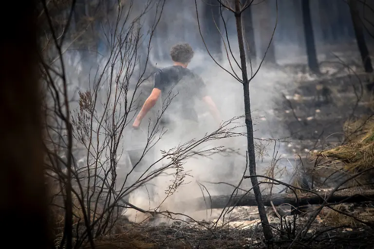 Local-volunteers-patrol-and-hose-down-hotspots-around-Le-Porge-in-southwestern-France-s-Gironde-department-to-prevent-flare-ups-following-a-wildfire-that-destroyed-homes-vehicles-and-large-areas-of-forest-in-the-municipality-west-of-Bordeaux-Firefighters-remain-deployed-across-the-area-while-residents-assist-with-monitoring-operations-to-detect-any-reignitions-The-wildfire-one-of-the-most-severe-recorded-in-France-this-summer-triggered-mass-evacuations-and-prompted-the-deployment-of-thousands-of-emergency-responders-Le-Porge-Gironde-France-on-July-26-2026