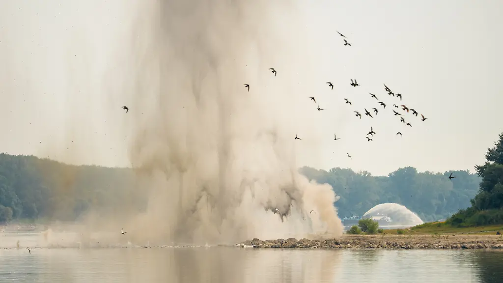 Voegel-fliegen-nach-einer-kontrollierten-Sprengung-von-unter-Wasser-liegenden-Felsen-durch-die-rumaenische-Marine-mit-der-angesichts-aussergewoehnlich-niedriger-Wasserstaende-an-der-Donau-die-Wasserzufuhr-zum-Kernkraftwerk-Cernavoda-verbessert-werden-soll