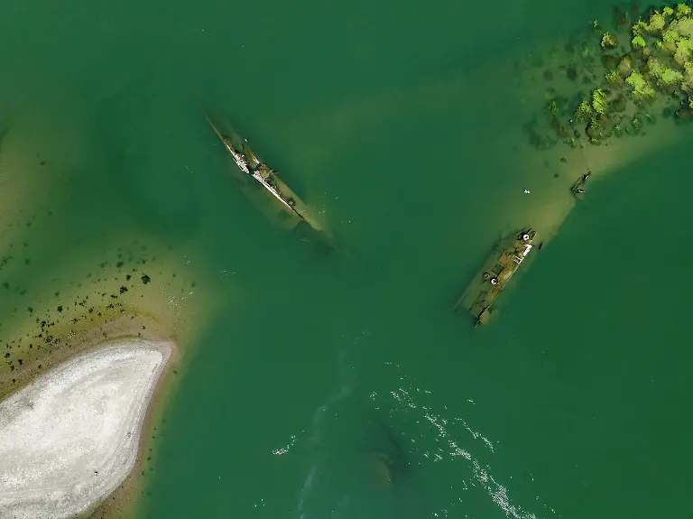 A-drone-view-shows-a-sunken-German-warship-from-World-War-II-exposed-due-to-low-Danube-River-levels-caused-by-drought-and-extreme-heat-in-Prahovo-Serbia-July-30-2026