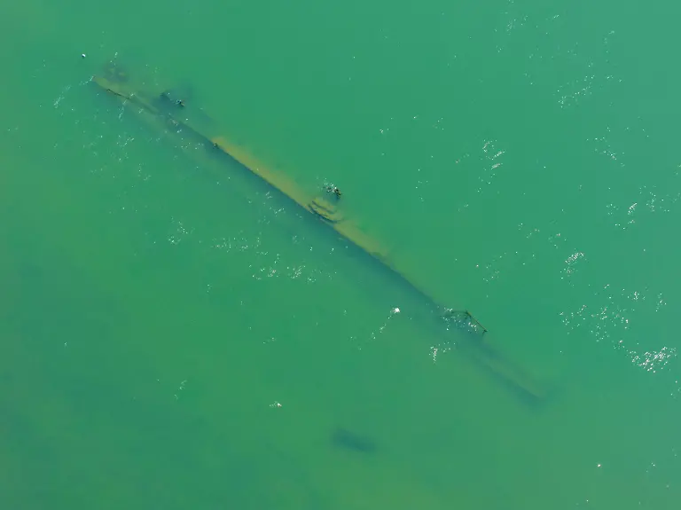 A-drone-view-shows-a-sunken-German-warship-from-World-War-II-exposed-due-to-low-Danube-River-levels-caused-by-drought-and-extreme-heat-in-Prahovo-Serbia-July-30-2026