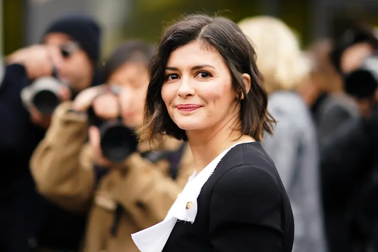 PARIS-FRANCE-FEBRUARY-28-Actress-Audrey-Tautou-wears-a-black-jacket-with-white-lapels-outside-Balmain-during-Paris-Fashion-Week-Womenswear-Fall-Winter-2020-2021-on-February-28-2020-in-Paris-France