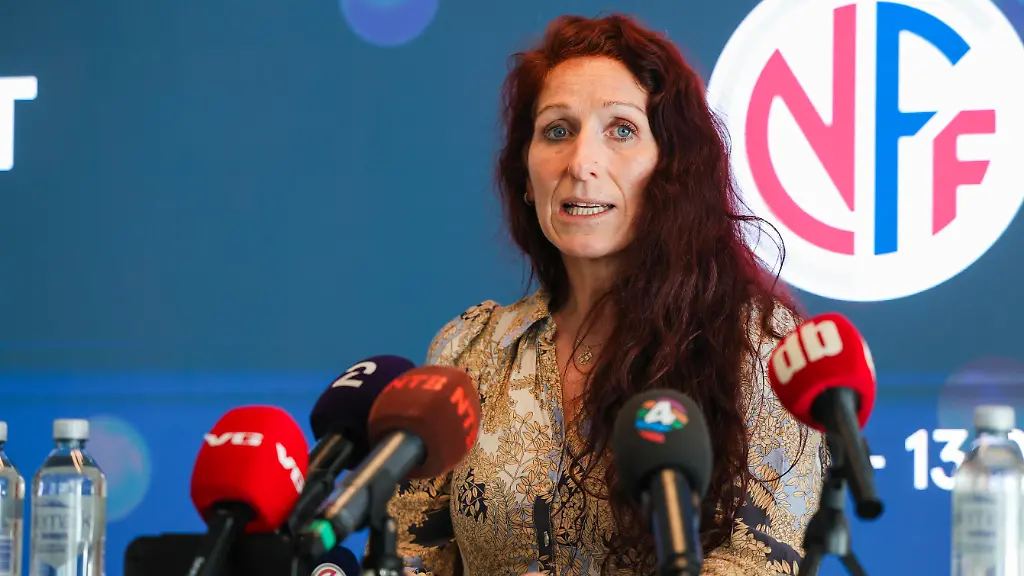 Oslo-20260731-Lise-Klaveness-president-of-the-Norwegian-Football-Association-NFF-attends-press-conference-at-Ullevaal-Stadium-about-FIFA-private-equity-plan