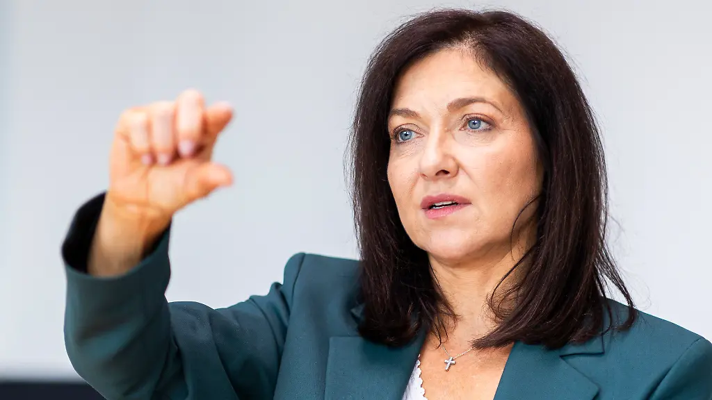 Bundeswirtschaftsministerin-Katherina-Reiche-CDU-waehrend-eines-Interviews-mit-der-Deutschen-Presse-Agentur-nach-ihrem-Besuch-der-Salzgitter-AG-im-Rahmen-ihrer-Sommerreise