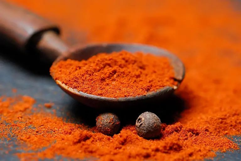 pulver-in-Kochloeffel-Berbere-Gewuerzmischung-aus-Chili-Piment-Kardamom-Stangenpfeffer-Pimentkoerner-Gewuerzmischung