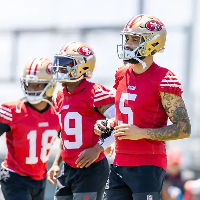 SANTA-CLARA-CA-JUNE-03-Mike-Evans-5-of-the-San-Francisco-49ers-looks-on-during-a-team-OTA-practice-at-SAP-Performance-Facility-on-June-3-2026-in-Santa-Clara-CA