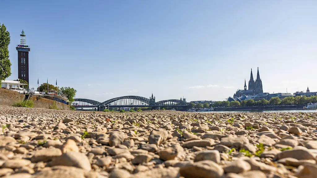 Anhaltende-Hitzewelle-in-NRW-Der-Pegel-Koeln-liegt-bei-70-cm-nur-1-cm-ueber-dem-historischen-Tiefstwert-von-69-cm-vom-23-Oktober-2018-Blick-vom-Deutzer-Rheinufer-auf-Hoehe-Tanzbrunnen-auf-das-freiliegende-Flussbett-im-Hintergrund-der-Koelner-Dom-die-Hohenzollernbruecke-der-ehemalige-Messeturm-heute-Teil-der-RTL-Group