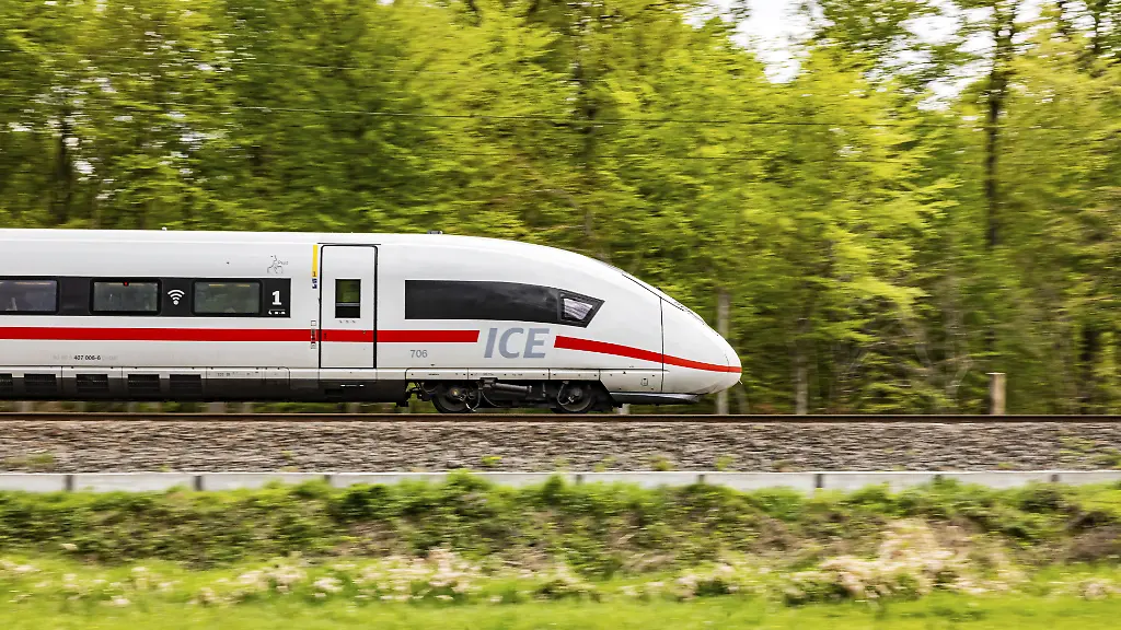 Bahngleise-bei-Moerfelden-Walldorf-Ein-ICE-faehrt-auf-freier-strecke-durch-einen-Wald-Mitzieher-Bewegungsunschaerfe