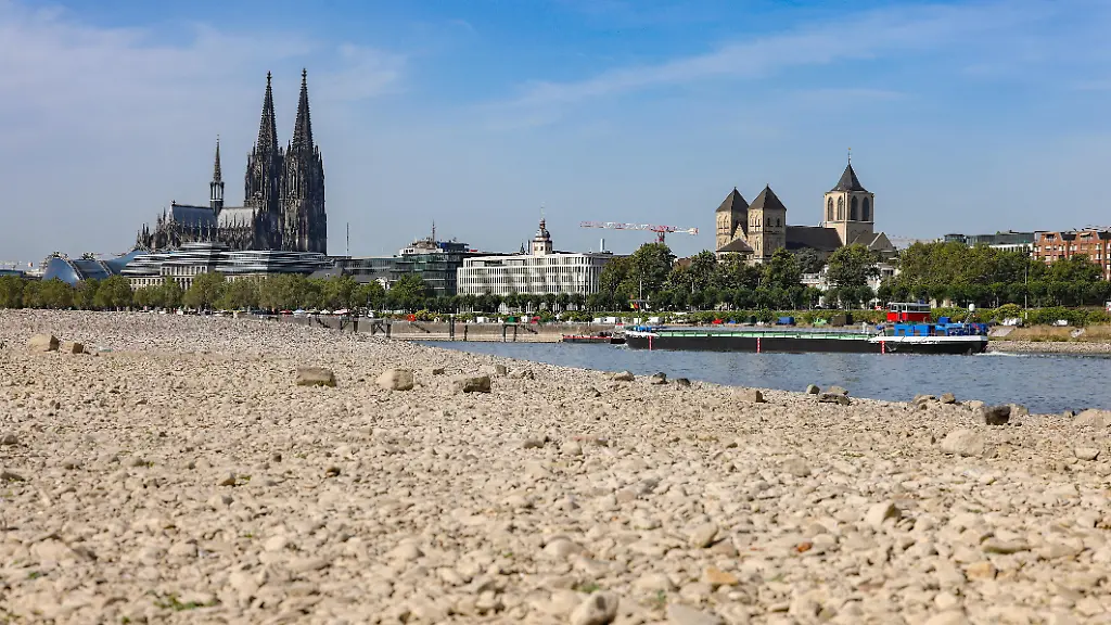 Sommer-im-Rheinland-Blick-auf-den-Rhein-bei-Koeln-Koeln-Deutz-Der-Rhein-in-Koeln-Koeln-fuehrt-fuehrt-Niedrigwasser-aufgrund-anhaltender-Trockenheit-Im-Hintergrund-der-Koelner-Koelner-Dom-Ein-Schiff-ist-unterwegs-Sommer-im-Rheinland-am-09-08-2026-in-Koeln-Koeln-Deutschland