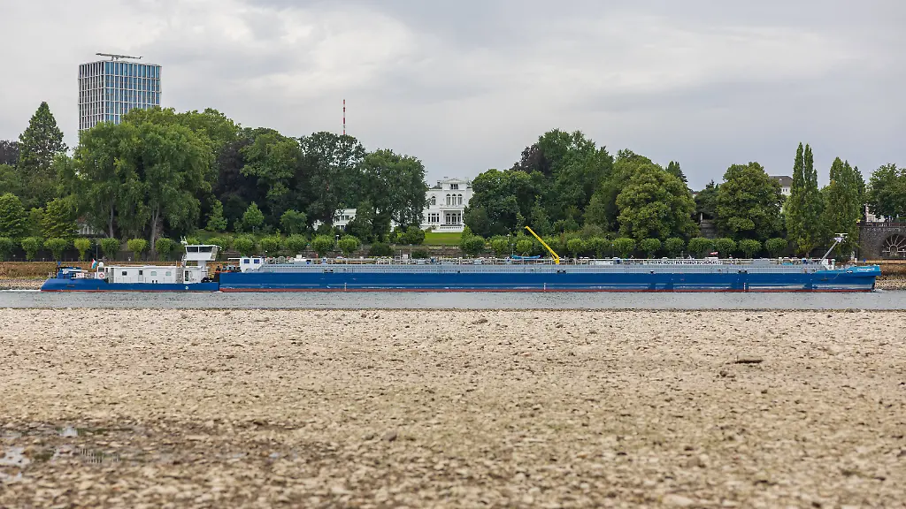 Niedrigwasser-am-Rhein-Trockenes-Flussbett-am-Beueler-Rheinufer-in-Bonn-Niedrigwasser-am-Rhein-Blick-auf-das-weitgehend-trockene-Flussbett-am-Beueler-Rheinufer-in-Bonn-bei-einem-Pegelstand-von-78-cm-am-Pegel-Bonn-Die-anhaltende-Trockenheit-laesst-den-Rhein-weiter-sinken-die-Binnenschifffahrt-ist-stark-eingeschraenkt-Bonn-Beuel-Nordrhein-Westfalen-Deutschland-Low-Water-Levels-on-the-Rhine-Dry-Riverbed-on-the-Beuel-Bank-of-the-Rhine-in-Bonn-Low-Water-Levels-on-the-Rhine-View-of-the-largely-dry-riverbed-on-the-Beuel-bank-of-the-Rhine-in-Bonn-with-a-water-level-of-78-cm-at-the-Bonn-gauge