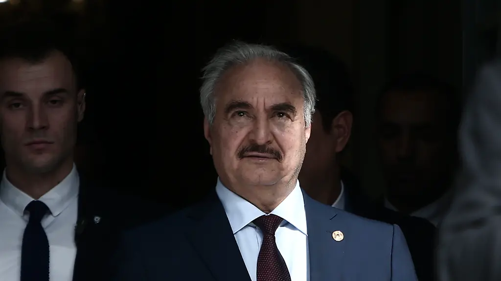 Leader-of-the-Libyan-National-Army-LNA-field-marshal-Khalifa-Haftar-exits-the-Greek-ministry-of-foreign-affairs-after-his-meeting-with-Greek-Foreign-Ministrer-Nikos-Dendias-in-Athens-Greece-on-January-17-2020