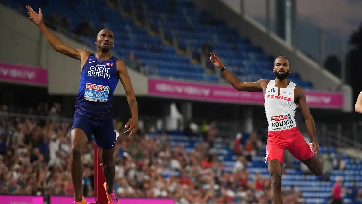 Britain-s-Matthew-Hudson-Smith-left-reacts-as-he-crosses-the-finish-line-ahead-of-France-s-Muhammad-Abdallah-Kounta-to-win-the-men-s-400-meters-final-at-the-European-Athletics-Championships-in-Birmingham-England-Wednesday-Aug-12-2026