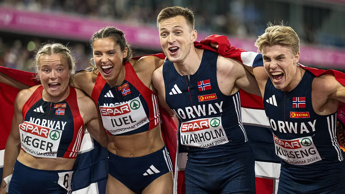 260810-Henriette-Jaeger-of-Norway-Amalie-Iuel-of-Norway-Karsten-Warholm-of-Norway-and-Andreas-Ofstad-Kulseng-of-Norway-celebrate-after-competing-in-mixed-4x400-meter-relay-during-day-1-of-the-2026-European-Athletics-Championships-on-August-10-2026-in-Birmingham-Photo-Mathias-Bergeld-BILDBYRAN-kod-MB-MT1064-friidrott-athletics-friidrett-friidrotts-em-em-friidretts-em-2026-european-athletics-championships-1-bbeng-norge-jubel-stafett-relay-August-10-2026-Henriette-Jaeger-of-Norway-Amalie-Iuel-of-Norway-Karsten-Warholm-of-Norway-and-Andreas-Ofstad-Kulseng-of-Norway-celebrate-after-competing-in-the-mixed-4x400-meter-relay-on-Day-1-of-the-2026-European-Athletics-Championships-on-August-10-2026-in-Birmingham-Photo-by-Mathias-Bergeld-BILDBYRAN-code-MB-MT1064