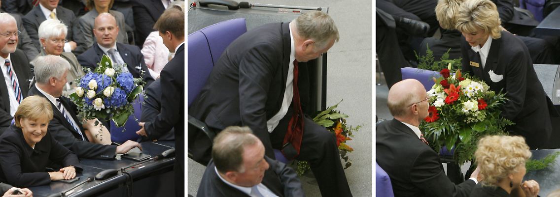 Schon vor der Bekanntgabe des Ergebnisses bekamen CSU-Chef Seehofer, Linksparteichef Bisky und SPD-Fraktionschef Struck die Blumen für die Gratulation.