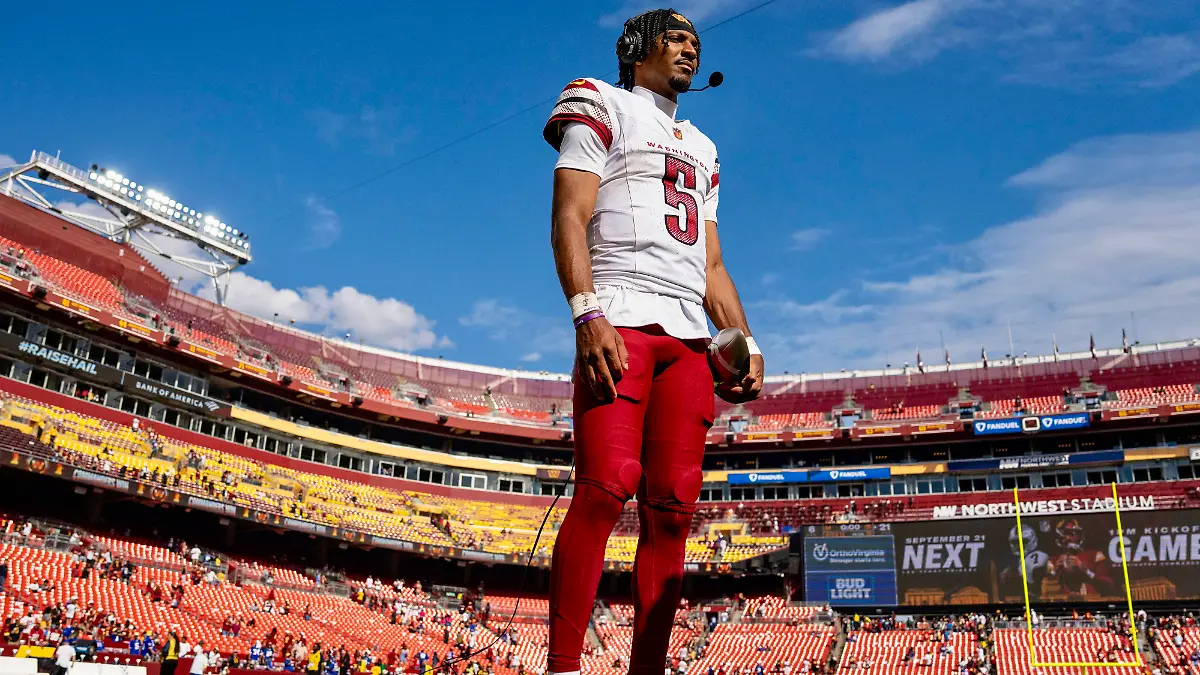 Washington-Commanders-quarterback-Jayden-Daniels-5-does-an-on-camera-interview-after-winning-a-game-against-the-New-York-Giants-at-Northwest-Stadium-in-Landover-Maryland-on-Sunday-September-7-2025-The-Commanders-beat-the-Giants-21-to-6