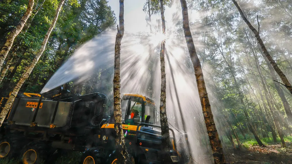 Das-Spezialloeschfahrzeug-Fire-Fighter-des-Landes-Nordrhein-Westfalen-faehrt-bei-einer-Uebung-durch-schwieriges-Gelaende-im-Wald