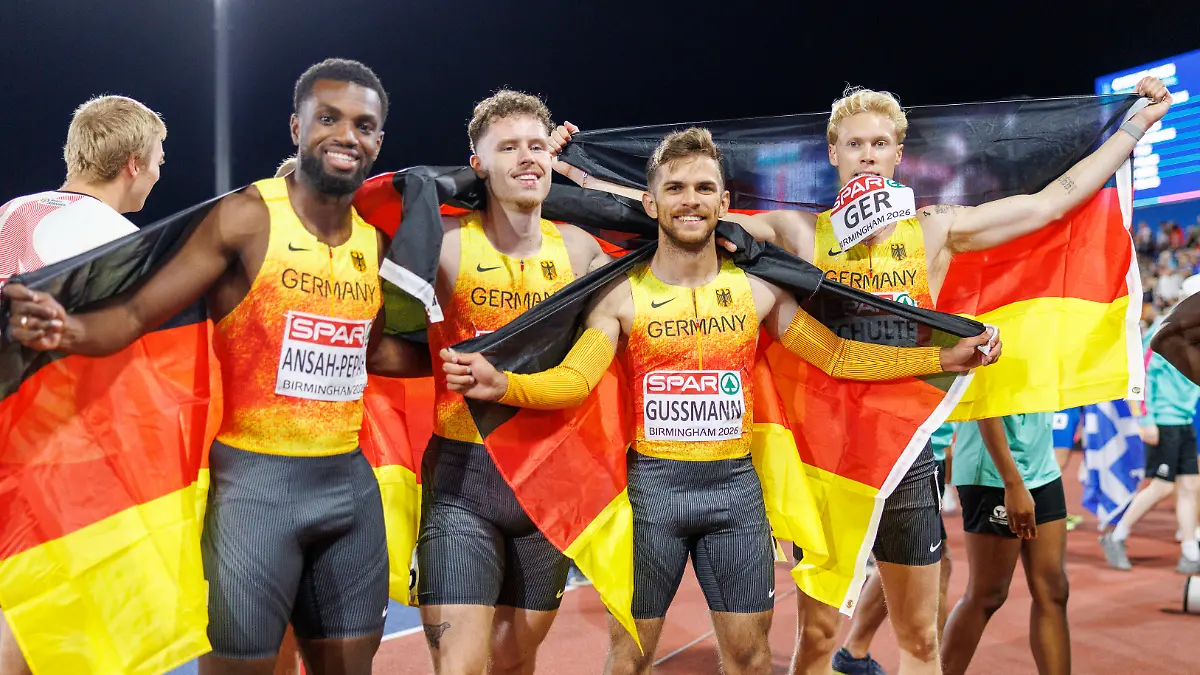 BIRMINGHAM-GREAT-BRITAIN-AUGUST-15-2026-4x100m-relays-Silver-for-Lucas-ANSAH-PEPRAH-GER-Germany-Kevin-KRANZ-GER-Germany-Heiko-GUSSMANN-GER-Germany-Marvin-SCHULTE-GER-Germany-during-the-European-Athletics-Championships-at-Alexander-Stadium-on-August-15-2026-in-Birmingham-Great-Britain
