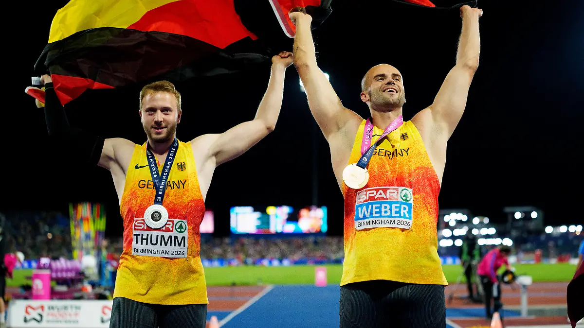 BIRMINGHAM-GREAT-BRITAIN-AUGUST-15-2026-European-champion-in-the-javelin-throw-Julian-WEBER-GER-Germany-and-second-place-for-Nick-THUMM-GER-Germany-during-the-European-Athletics-Championships-at-Alexander-Stadium-on-August-15-2026-in-Birmingham-Great-Britain