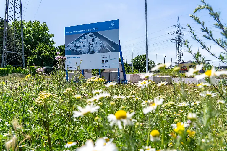 Baustellenschild-der-ersten-Direktreduktionsanlage-von-Thyssenkrupp-Steel-dem-Projekt-der-Klimaneutralen-Stahlproduktion-am-bestehenden-Stahlwerk-in-Duisburg-Farn-Roheisenproduktion-ohne-klassischen-Hochofen-sondern-unter-Einsatz-von-Wasserstoff-soll-bis-Ende-2027-in-Betrieb-gehen-NRW-Deutschland
