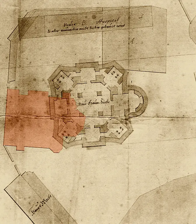 33_Projektzeichnung_der_neuen_Frauenkirche_Lageplanentwurf_George_Bähr_um_1725