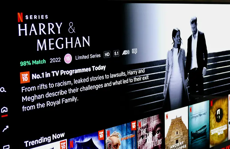 A-television-screen-showing-the-Netflix-Harry-Meghan-series-which-is-causing-much-controversy-the-programme-is-listed-as-number-one-to-watch-in-the-UK-today