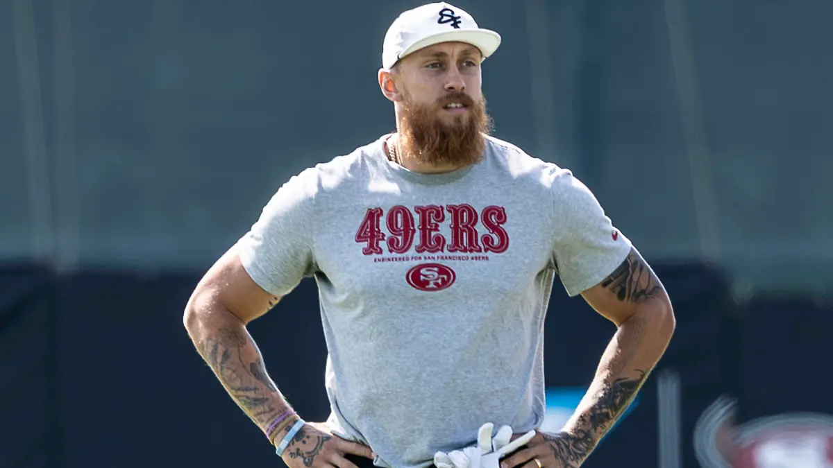 August-08-2026-Santa-Clara-CA-U-S-A-San-Francisco-49ers-tight-end-George-Kittle-85-on-the-sideline-during-San-Francisco-49ers-Training-Camp-practice-day-7