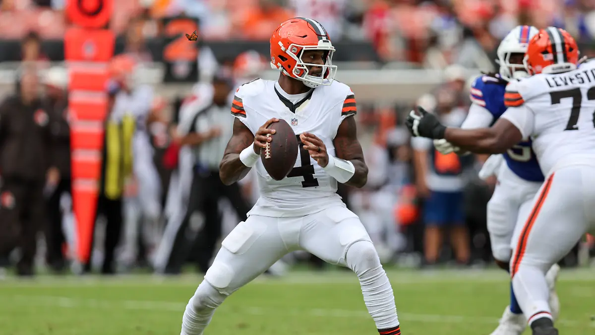CLEVELAND-OH-AUGUST-22-Cleveland-Browns-quarterback-Deshaun-Watson-4-looks-to-pass-during-the-third-quarter-of-the-National-Football-League-preseason-game-between-the-Buffalo-Bills-and-Cleveland-Browns-on-August-22-2026-at-Huntington-Bank-Field-in-Cleveland-OH
