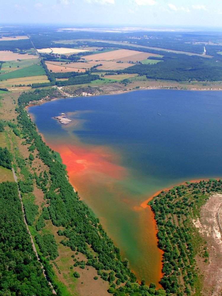 Blick auf den Sedlitzer See nahe Großräschen, früher ein Tagebau. Die rötlichen Flächen im Wasser entstehen durch Eisenhydroxidschlamm.
