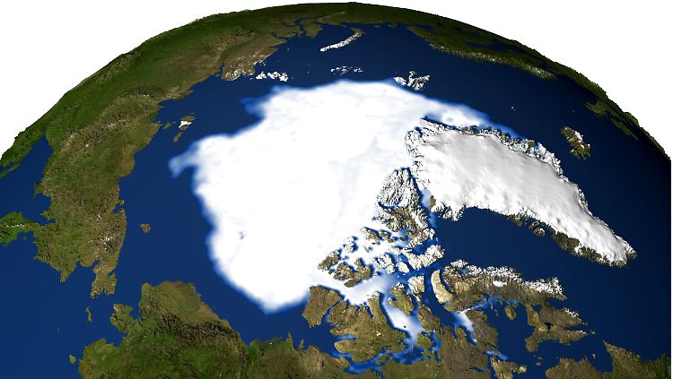 Die Kombo der Satellitenaufnahmen von September 1979 (oben) und September 2005 zeigt das Schmelzen der Eisfläche am Nordpol.