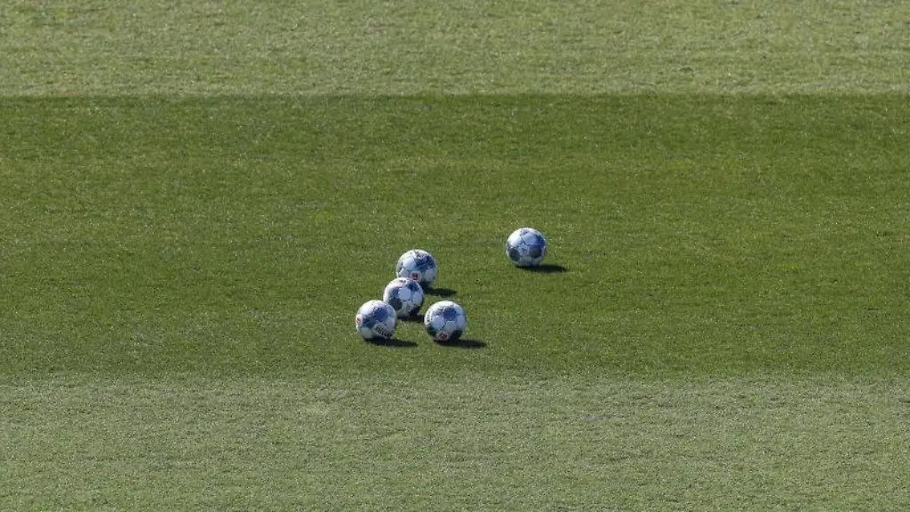 Fuenf-Baelle-liegen-auf-dem-Rasen