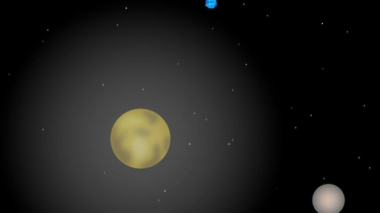 Künstlerische Darstellung des Planeten Pluto mit der Sonne am Bildrand oben und dem größten Pluto-Mond Charon rechts unten.