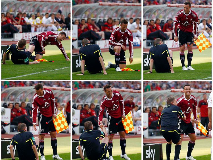 Einer der wenigen Aufreger der Partie: Nürnbergs Schieber rennt Schiriassistent Markus Häcker über den Haufen.