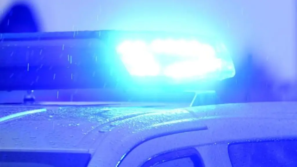 Ein-Polizeiwagen-mit-eingeschaltetem-Blaulicht-steht-am-Rande-einer-Demonstration-in-Kiel