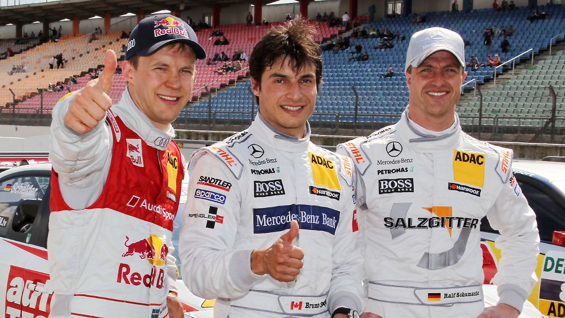 Der Kanadier Bruno Spengler (M) sicherte sich auf dem Hockenheimring vor dem Schweden Mattias Ekström und Ralf Schumacher (r) den besten Startplatz in die neue DTM-Saison.