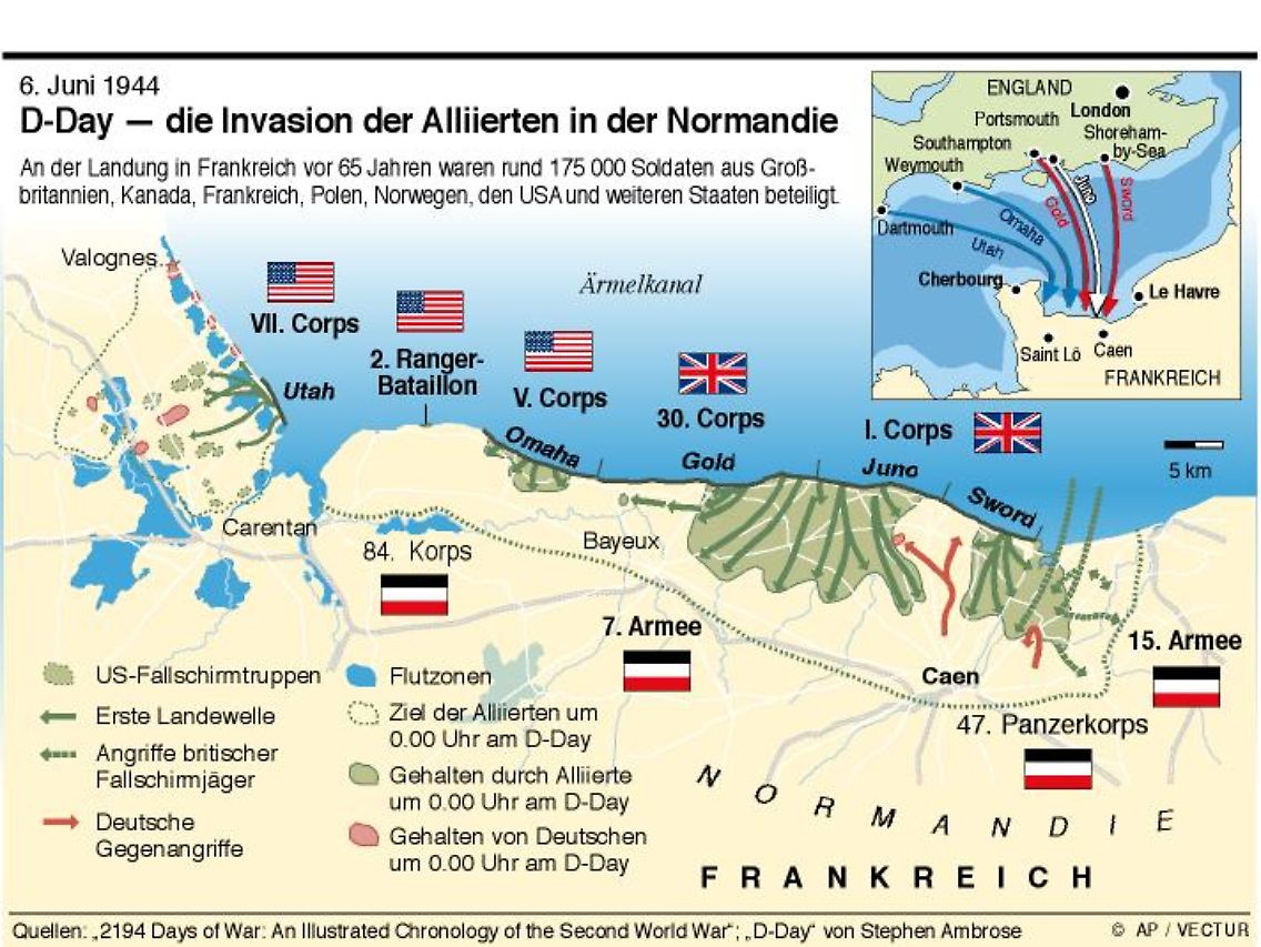 Die Alliierten landeten an fünf Abschnitten der Küste.