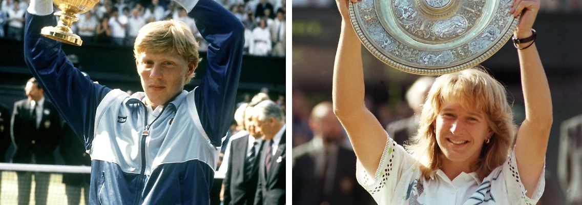 Boris Becker am 07.07.1985 und Steffi Graf am 02.07.1988, jeweils nach ihren ersten Siegen bei den All England Championships in Wimbledon.
