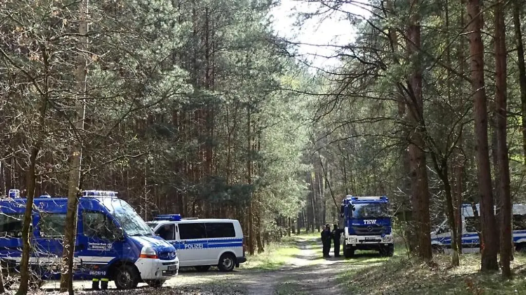 Einsatzfahrzeuge-des-THW-und-der-Polizei-stehen-in-einem-Waldgebiet-am-Herzberger-See