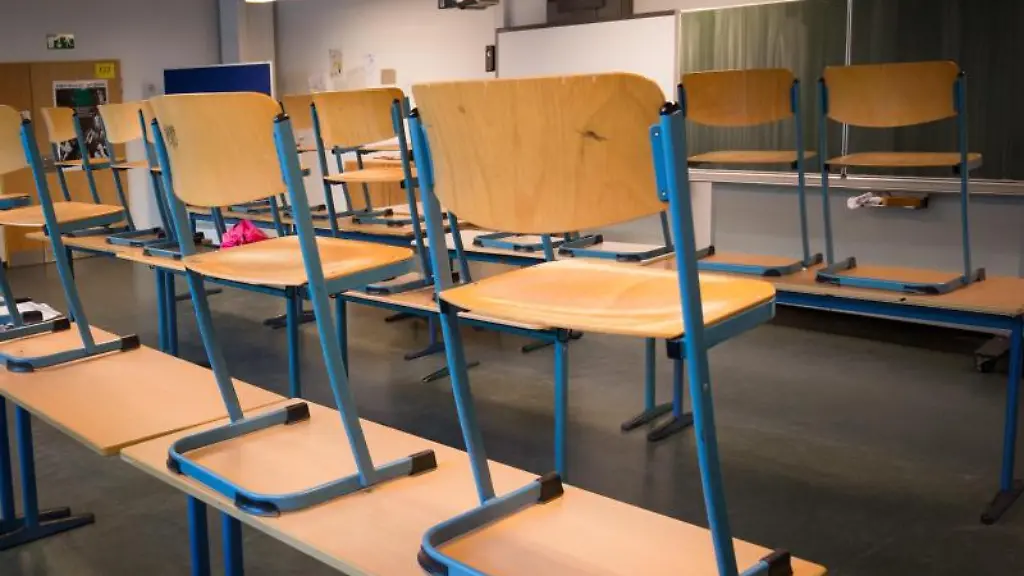 Stuehle-stehen-auf-den-Tischen-in-einem-Klassenzimmer-eines-Gymnasiums