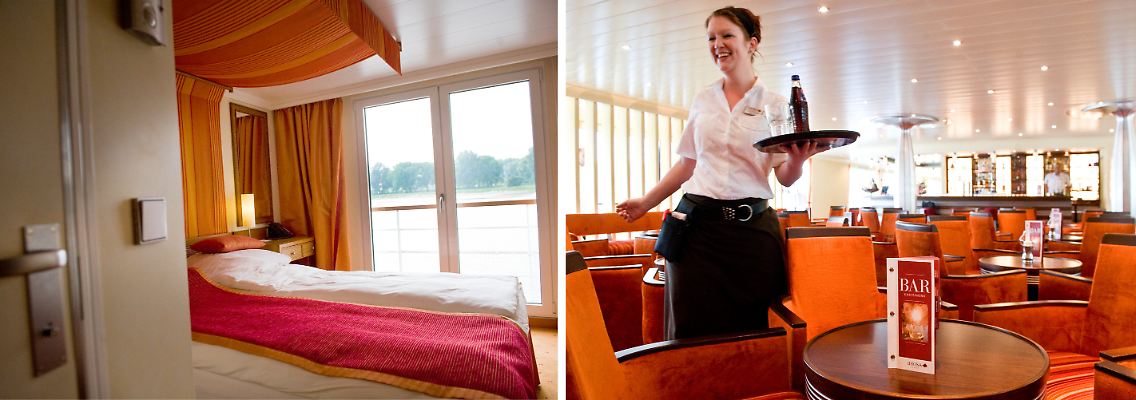Zweibettzimmer (l) und eine Kellnerin in der Bar des Hotelschiffes "Arosa Viva"