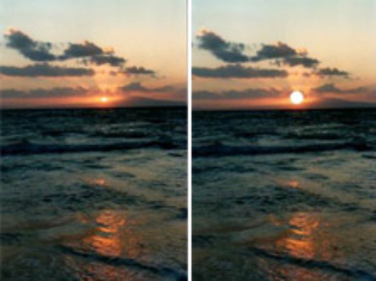 Die Sonne auf einem Original-Foto (l) und wie sie wahrgenommen wird (r, Fotomontage).