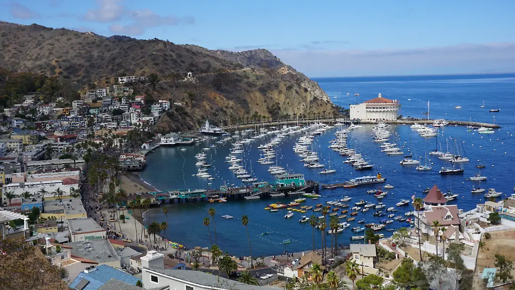 Blick-ueber-die-Avalon-Bay-mit-Catalina-Casino