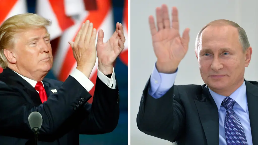 KOMBO-FILES-Archivfotos-zeigen-Donald-Trump-l-damals-noch-US-Praesidenschaftskandidat-am-21-07-2016-auf-dem-Parteitag-der-Republikaner-in-Cleveland-und-den-russischen-Praesidenten-Wladimir-Putin-am-21-10-2015-auf-einer-Videokonferenz-in-Moskau-US-Praesident-Donald-Trump-hat-in-einem-neuen-Interview-bekraeftigt-dass-er-seinen-russischen-Kollegen-Wladimir-Putin-respektiere-zu-dpa-Trump-ueber-Putin-Ich-respektiere-ihn-vom-05-02