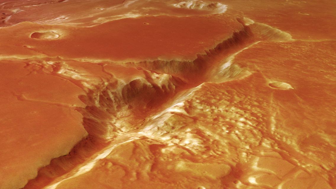 Die Aufnahme der europäischen Raumsonde "Mars Express" zeigt ein gigantisches Urstromtal auf dem Roten Planeten.